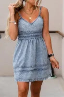 V Neck High Waist Spaghetti Strap Denim Dress