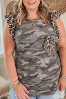Plus Size Leopard Print Flutter Sleeve Camouflage Top with Pocket