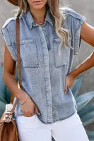 Sky Blue Rolled Sleeve Buttoned Denim Shirt with Pocket