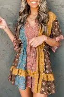 Floral Color Block Elastic Waist Ruffle Short Sleeve Dress