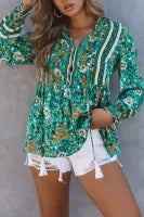 Green Boho Floral Print Peplum Long Sleeve Blouse