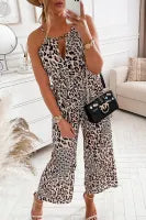 Brown Leopard Print Spaghetti Strap Lace-up High Waist Jumpsuit