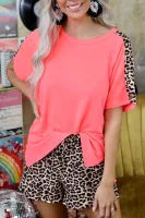 Colorblock Leopard Short Sleeve and Shorts Loungewear