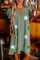Mist Green Sequin Clover Patchwork Ruffled Shift Mini Dress