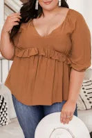 Brown Plus Size V Neck Ruffles Babydoll Blouse