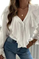 White Ruffles V Neck Puff Sleeve Shirt