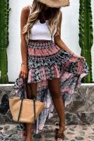 Multicolor Bohemian Print Tiered Ruffle High Low Skirt
