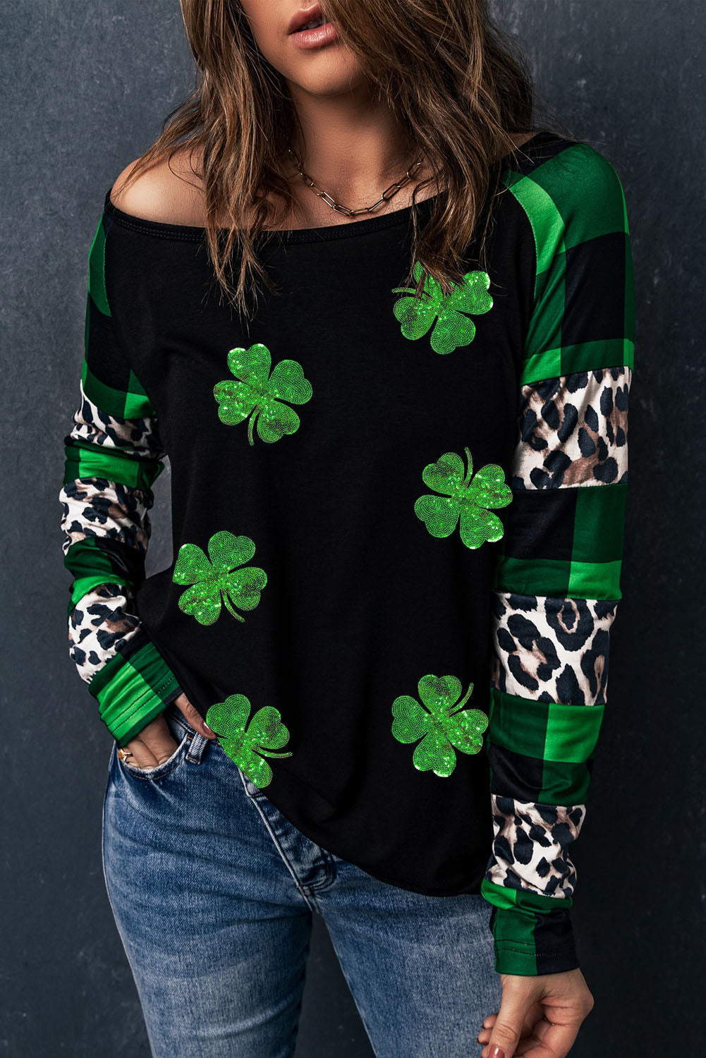Green Sequin Clover Patch Graphic Plaid & Leopard Sleeve Top