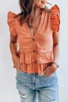 Orange Button Ruffles V Neck Top