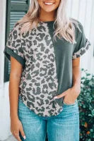 Leopard Block Patchwork Roll-up Sleeve T-shirt