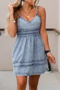 V Neck High Waist Spaghetti Strap Denim Dress