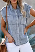 Sky Blue Rolled Sleeve Buttoned Denim Shirt with Pocket