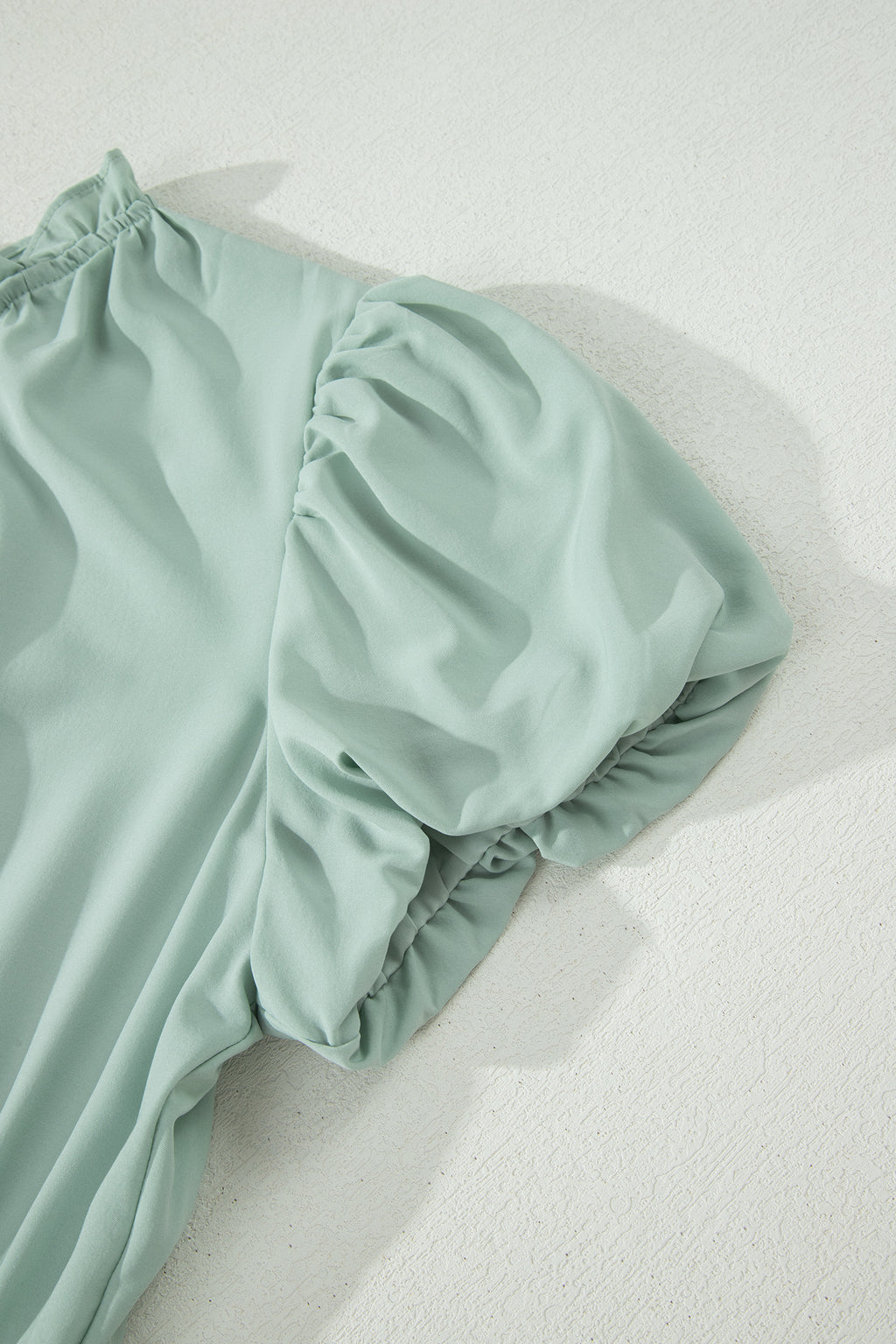 Clearly Aqua Solid Color V Neck Short Puff Sleeve High Waist Tiered Maxi Dress
