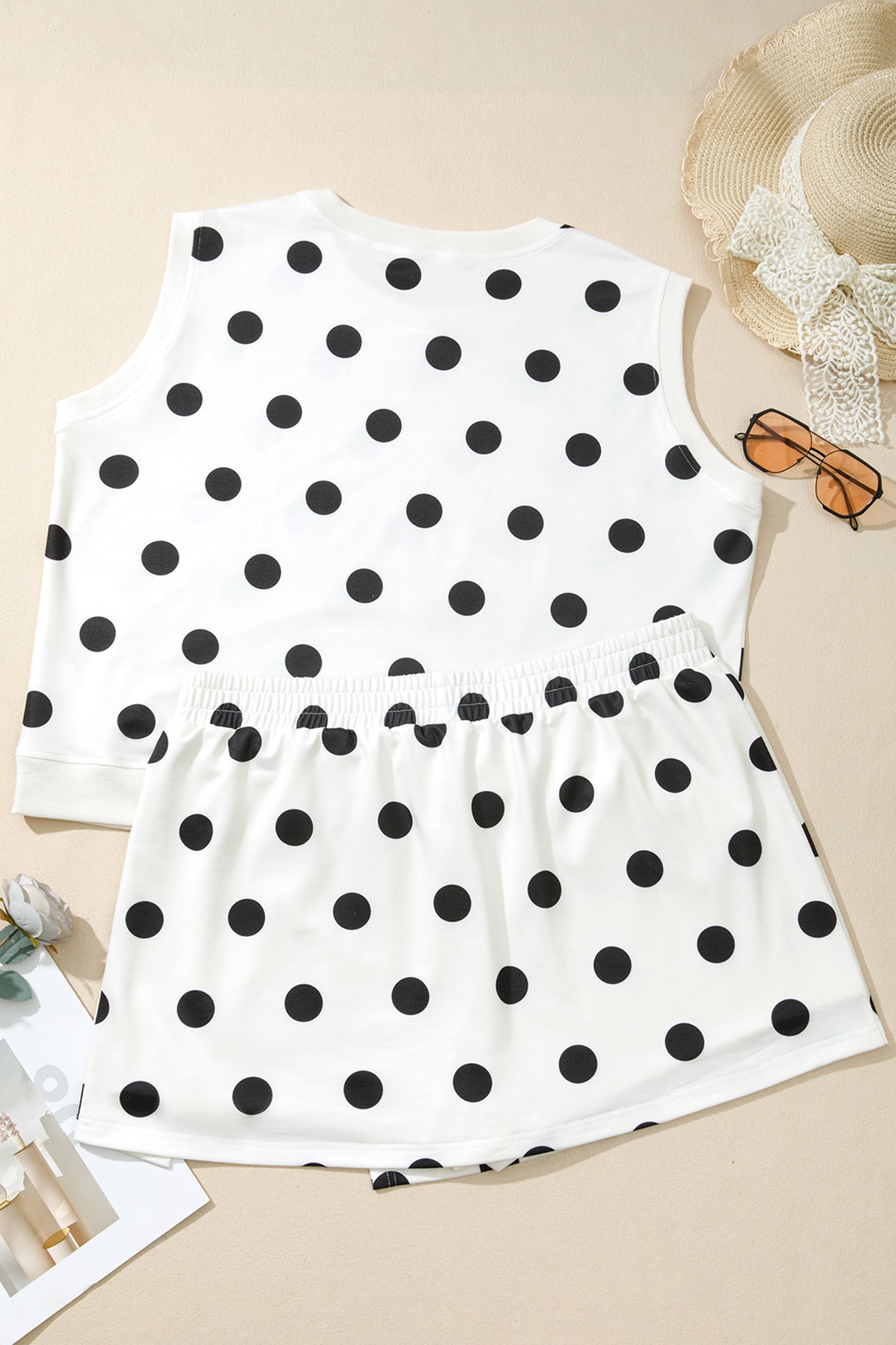 White Plus Size Polka Dot Printed Tank Split Skort 2pcs Outfit