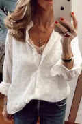 White Turn-down Neck Swiss Dot Texture Sheer Shirt