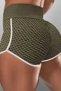 Green High Waist Honeycomb Contrast Stripes Butt Lifting Yoga Shorts