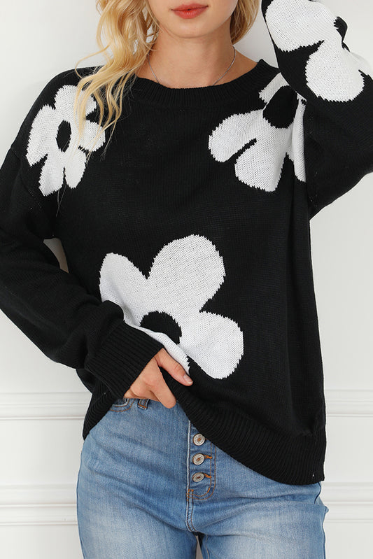 Black Big Flower Pattern Knit Sweater