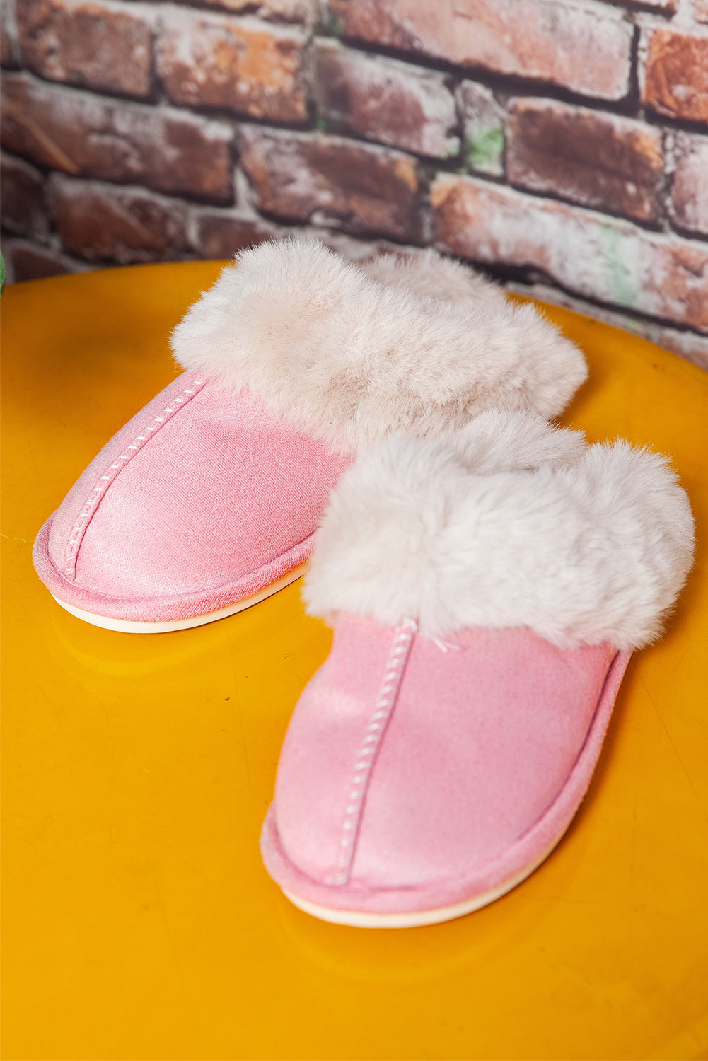 Pink Cut and Sew Faux Suede Plush Lined Slippers