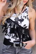 Black Fringe Cow Print Sleeveless Bodysuit