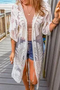 White Lace Mesh Crochet Drawstring Open Front Cardigan