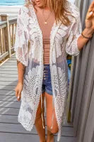 White Lace Mesh Crochet Drawstring Open Front Cardigan