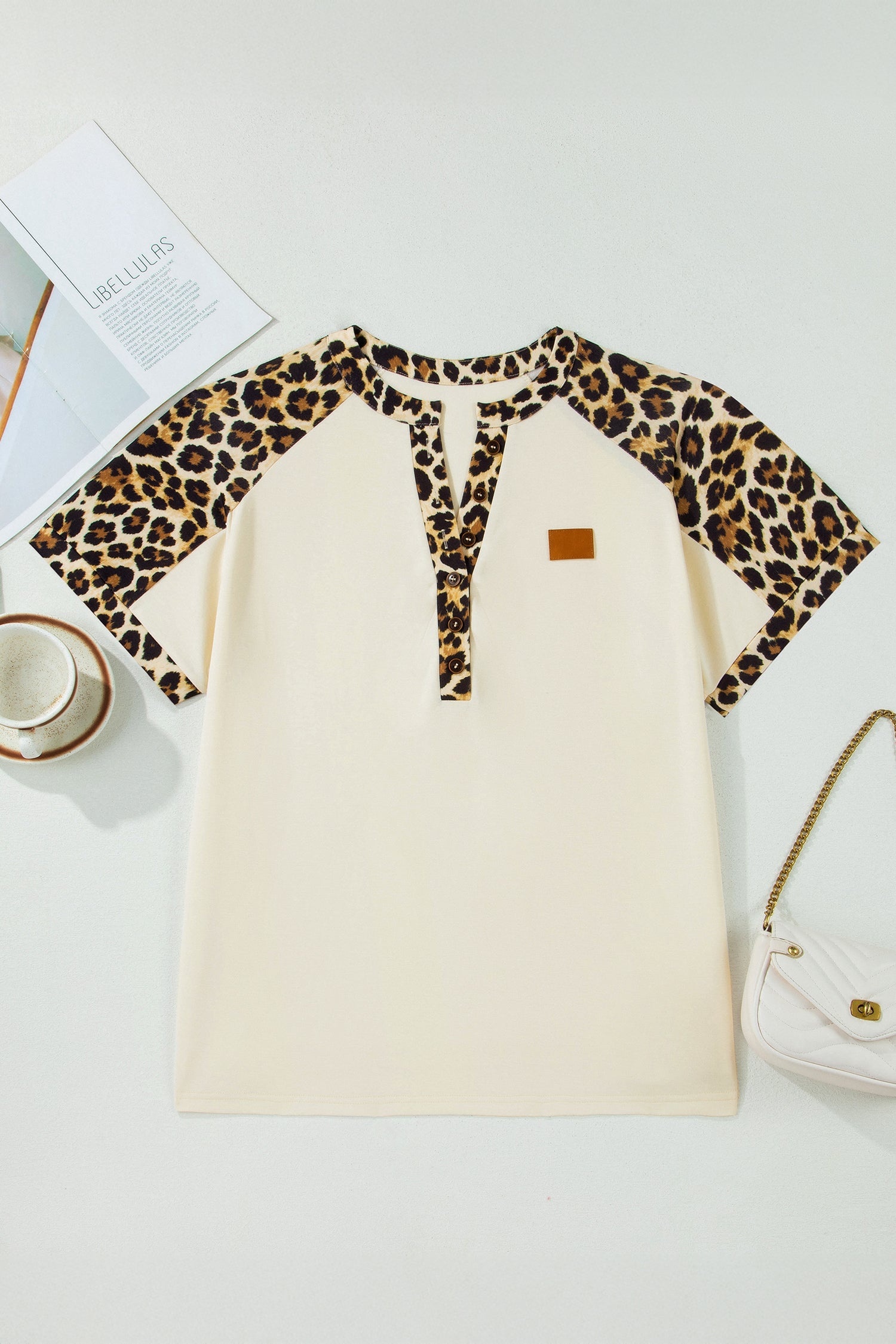 Beige Plus Size Leopard Contrast Patchwork Polo Tee