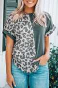 Leopard Block Patchwork Roll-up Sleeve T-shirt