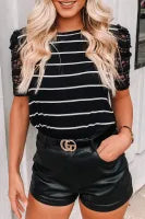 Black Stripe Print Lace Patchwork Short Sleeve T-shirt